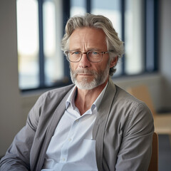 Portrait of serious senior man with glasses and white hair and home in background. Age male people concept. Old and loneliness. Depression and sadness. Life and problems. Alone gentleman looking