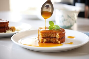 whole sticky toffee pudding on white plate with caramel drizzle - obrazy, fototapety, plakaty