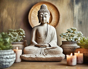 Calm Buddha face bathed in warm daylight, surrounded flickering candles in peaceful hall. Tranquil ambiance perfect for spiritual activities such as yoga or meditation, inviting inner peace