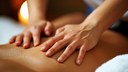 Obraz na płótnie Canvas Spa massage and back treatment for relaxation and tranquility. Close-up kinesitherapy session for attractive middle-aged female patients