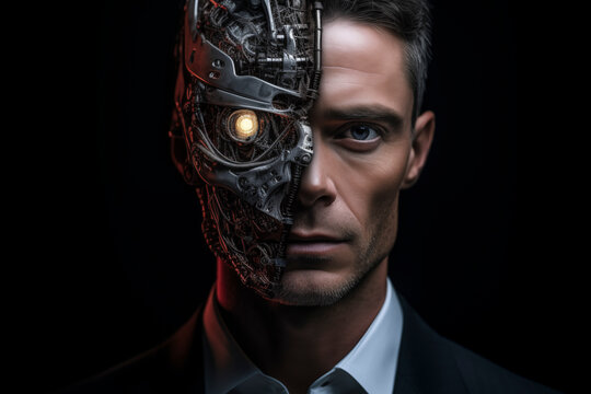 Front view portrait half man half robot AI artificial Intelligence concept future planet. Young male with robotic component on his back head. Blue background. Concept of technology and next generation