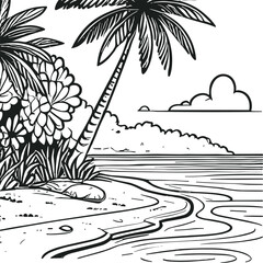 Coloring book simple sketches for children, illustrations of natural views on the beach, there are fishing boats, coconut trees and mangrove trees