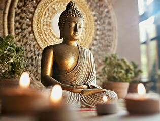 Calm Buddha face bathed in warm daylight, surrounded flickering candles in peaceful hall. Tranquil ambiance perfect for spiritual activities such as yoga or meditation, inviting inner peace