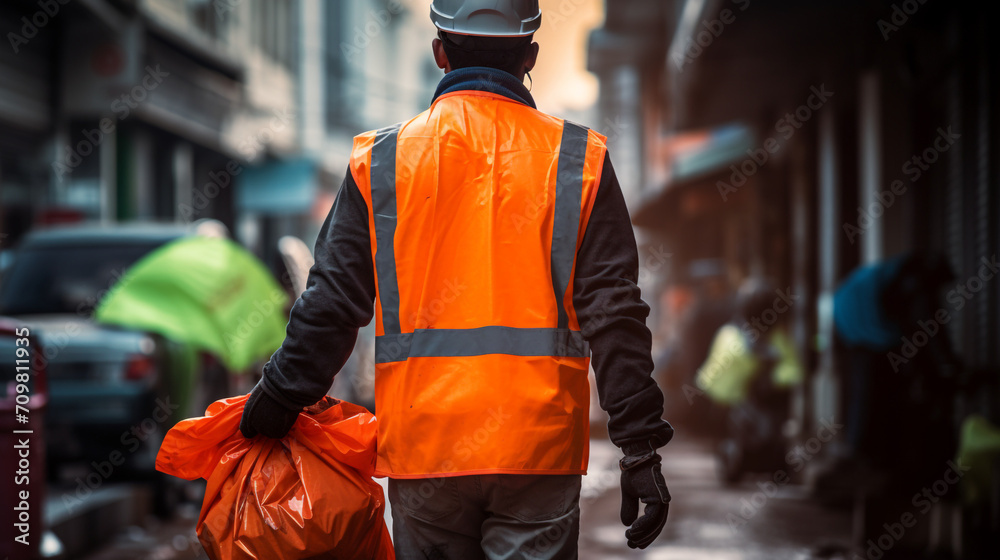 Wall mural back photography of a worker wearing orange vest and gloves with trash bag created with Generative Ai