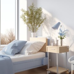 Blue lamp on a table in bright blue bedroom interior with bed against ombre wall