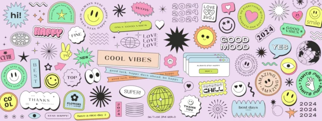 Deurstickers Cool Trendy Y2k Stickers Collage Pattern. Smile Emoticon Patches Vector Design. Pop Art Illustration. © t1m0n344