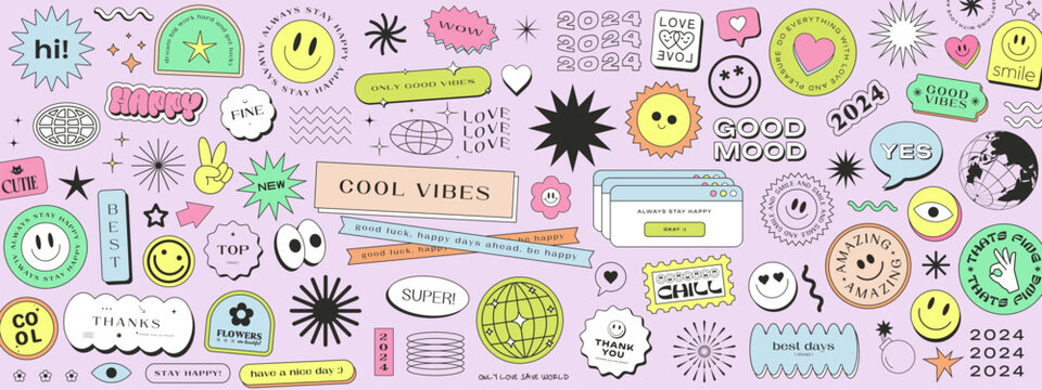 Naklejki Cool Trendy Y2k Stickers Collage Pattern. Smile Emoticon Patches Vector Design. Pop Art Illustration.