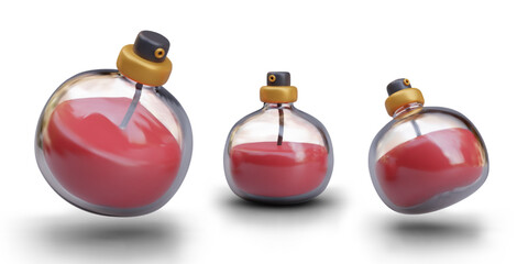 Collection with modern glass bottles with red perfume in different positions. Bottle with sprayer. Fragrance package concept. Vector 3d illustration with shadow and white background