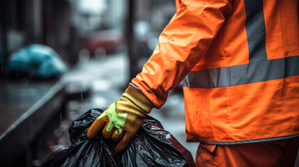 Obraz premium back photography of a worker wearing orange vest and gloves with trash bag created with Generative Ai