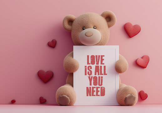 Cute Teddy Bear Holding Blank Valentines Board With Romantic Message and Generative ai