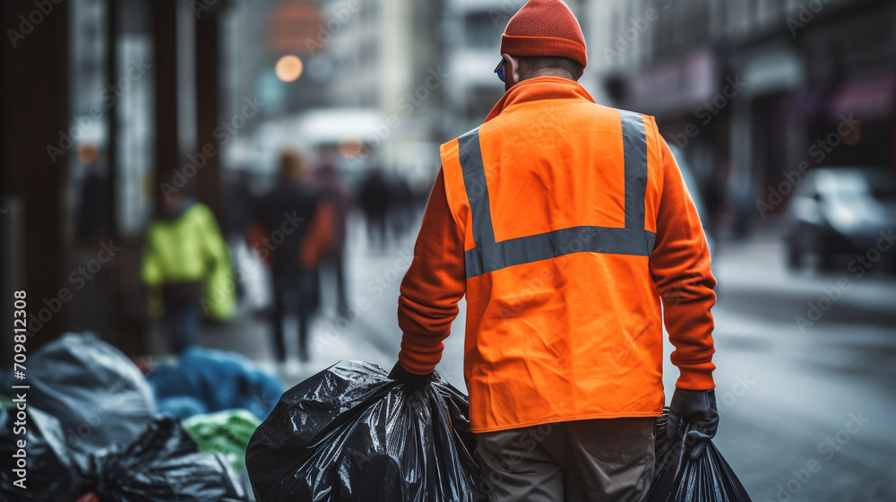 Poster back photography of a worker wearing orange vest and gloves with trash bag created with Generative Ai