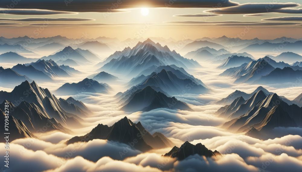 Poster clouds blanket the base of towering mountains under a sunrise sky. generative ai