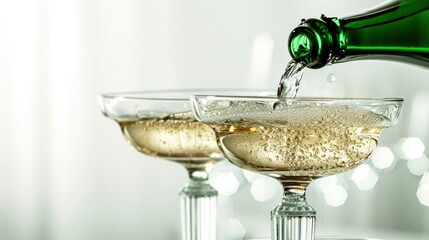 Champagne Coupe Glasses with Champagne Pouring In on a white background. - obrazy, fototapety, plakaty