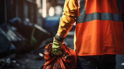 Obraz premium back photography of a worker wearing orange vest and gloves with trash bag created with Generative Ai