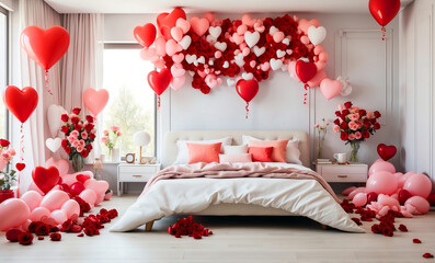 Modern dark bedroom with Valentine atmosphere with Roses and Heart Balloons