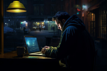 Man typing on laptop at night