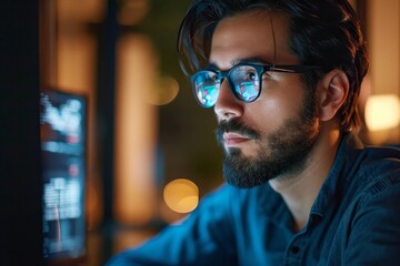 Obraz premium Smart busy young business man software developer engineer programmer wearing eyeglasses looking at computer. Coder working with ai software development solutions. Code glasses reflections.GenerativeAI