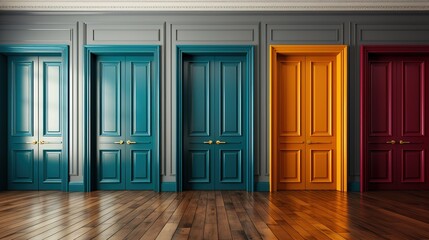 Five doors with empty wall. Five colourful doors on isolated light background. Five different doors. - obrazy, fototapety, plakaty