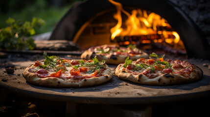 pizza is cooked in a wood-fired oven.