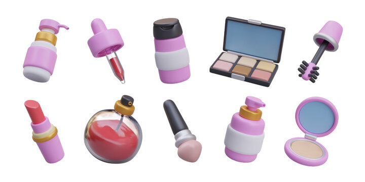 Set with different cosmetics. Bottles with shampoo and soap. Brush for powder and eyeshadow. Open red lipstick, brush for mascara, and pipette with serum. Vector illustration in 3d style