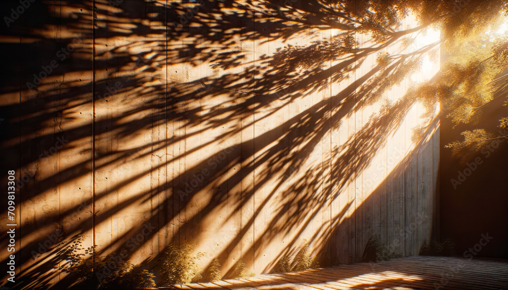Poster sunset rays filtering through foliage, projecting dramatic shadows on a wooden wall. generative ai
