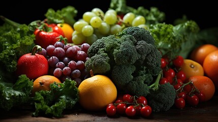 Top view of fresh fruits and vegetables. Fruit and vegetable pattern. Fresh fruits with water drops.