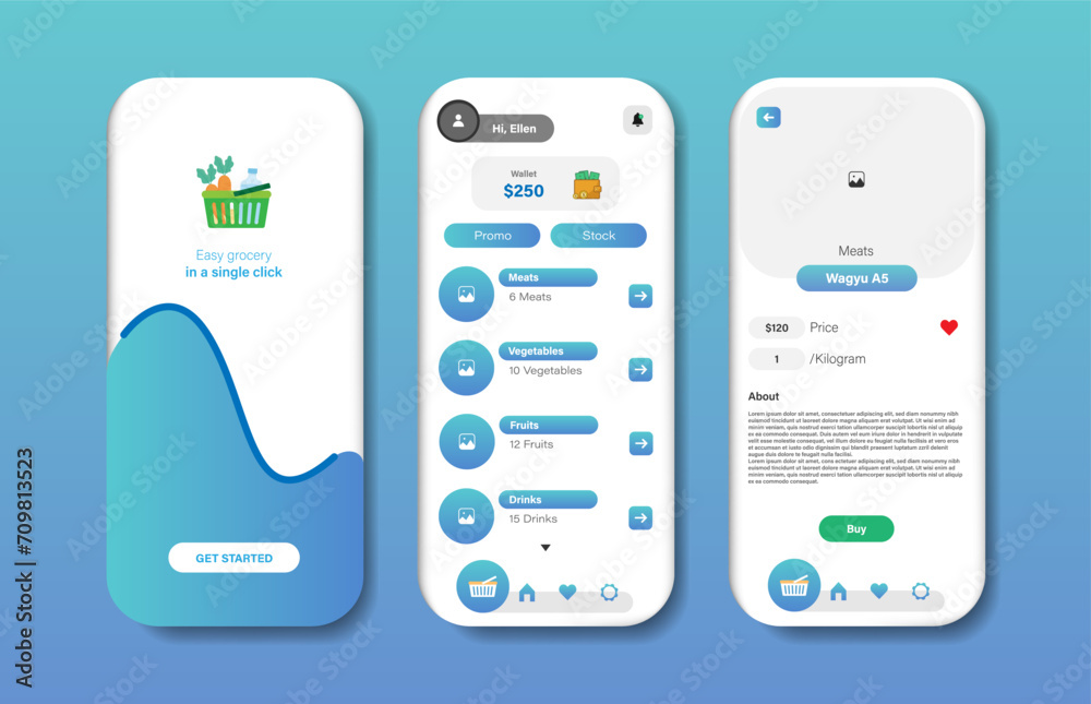 Wall mural application to buy groceries. collection of online grocery store interface templates. responsive gui