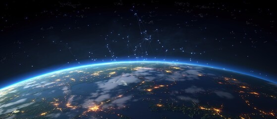 Satellite photo of earth with city lights. Planet with clouds from space.