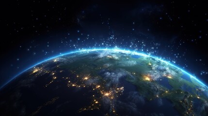 Earth from space. Satellite photo of planet. Night view of globe. City lights from space.