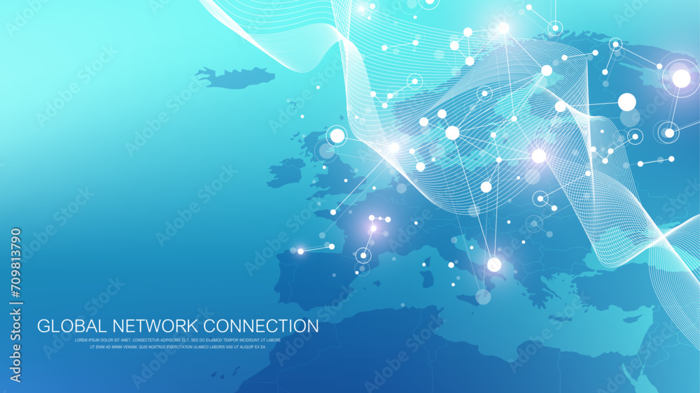 Poster Global network connection banner design template. Header social network communication in the global business concept. Big data visualization. Internet technology