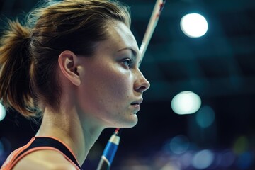 Portrait of female badminton player during action at the stadium