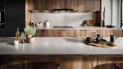 Fototapeta na wymiar Empty kitchen island countertop. Modern luxurious kitchen. Empty tabletop with blurred kitchen.