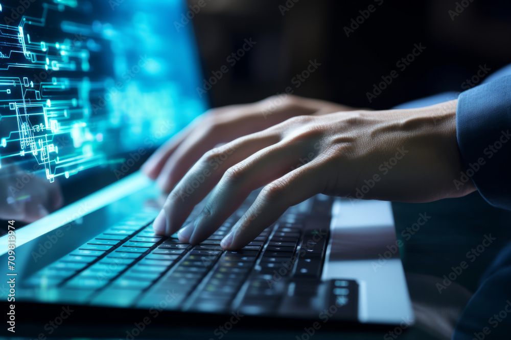 Poster caucasian man typing data on computer keyboard