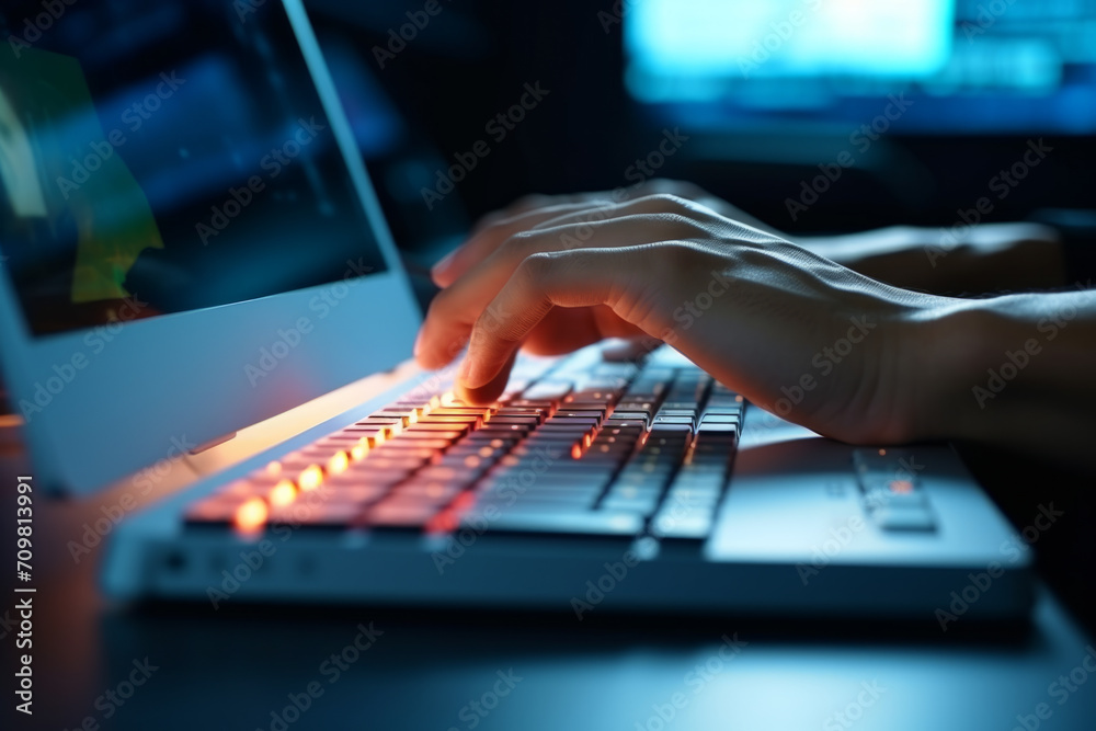 Poster caucasian man typing data on computer keyboard