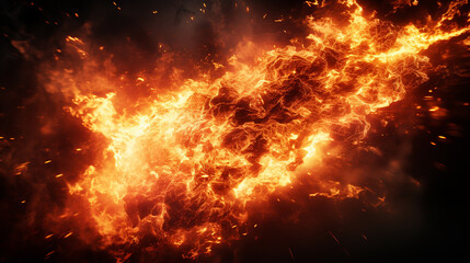 Extremely hot fiery explosion with sparks and smoke, against black background