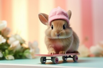 Cute Easter bunny on a skateboard wearing a pink hat on a light colored background.