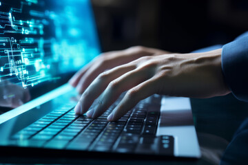 Caucasian man typing data on computer keyboard - obrazy, fototapety, plakaty