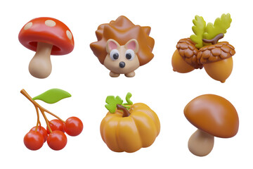 Toadstool, hedgehog, acorns, red berries, ripe pumpkin, edible mushroom. 3D bright vector illustration on white background. Autumn theme. Set for children funny compositions