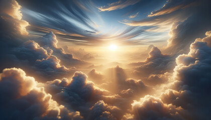 Sunset clouds painting the sky with vivid colors and light rays. Beauty, evening concept. Generative AI