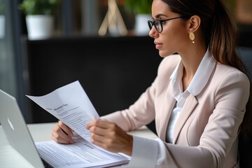 Close up view of female HR manager reading cv during virtual remote online job interview concept. Business woman employer holding resume hiring recruit in professional recruitment, Generative AI - obrazy, fototapety, plakaty
