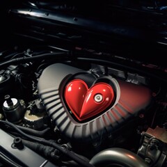 Close-up of the engine of a modern car with a red heart