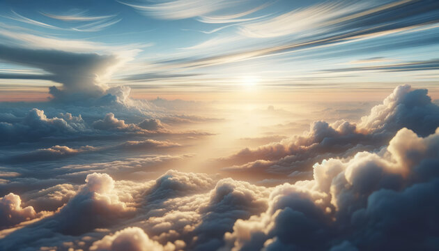 Sunrise casting golden hues over peaceful cloud formations. Calmness, aerial view concept. Generative AI