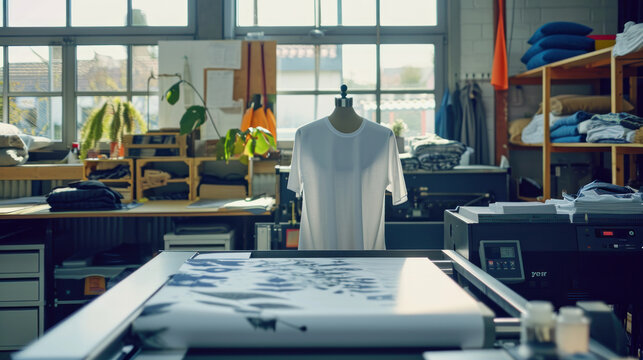 Modern printing machine with t-shirt at printshop