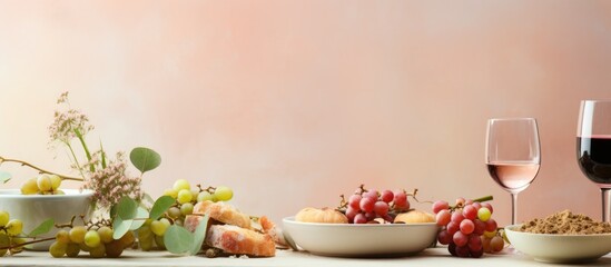 Composition with wine, cheese, grapes and bread on light background. The concept of the Jewish...