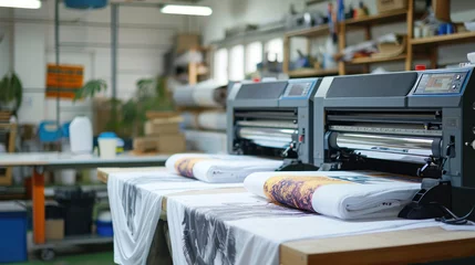 Deurstickers Modern printing machine with t-shirt at printshop © Nataliya