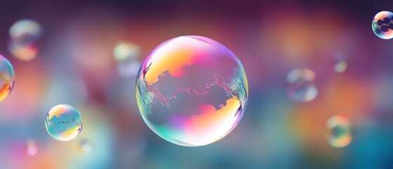 Soap bubbles with a blurred background. Closeup photo of soap bubble. Colorful bubbles for wallpaper - obrazy, fototapety, plakaty