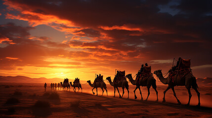 Desert adventure with camels ride and travellers on sand dunes