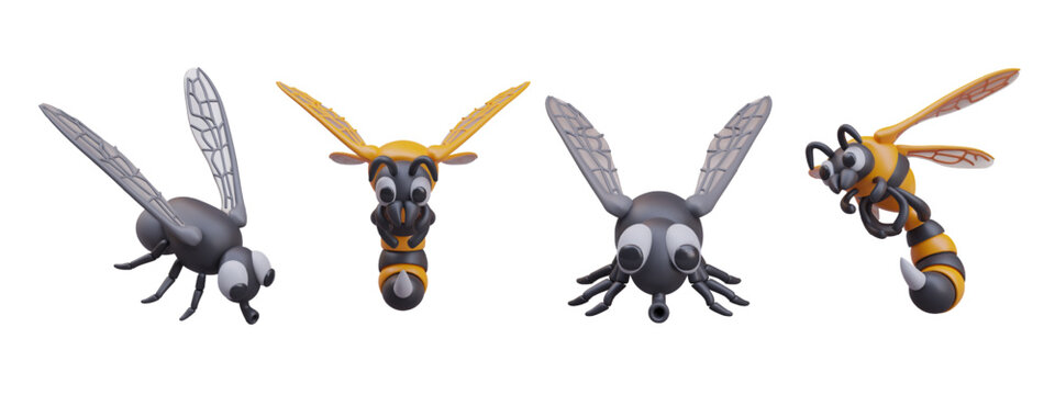 Black fly and striped wasp in different positions. Household and wild pests. Set of isolated realistic illustrations. 3D insects with textured wings. Color vector