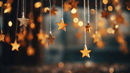 Creative Christmas background with white craft stars hanging - obrazy, fototapety, plakaty