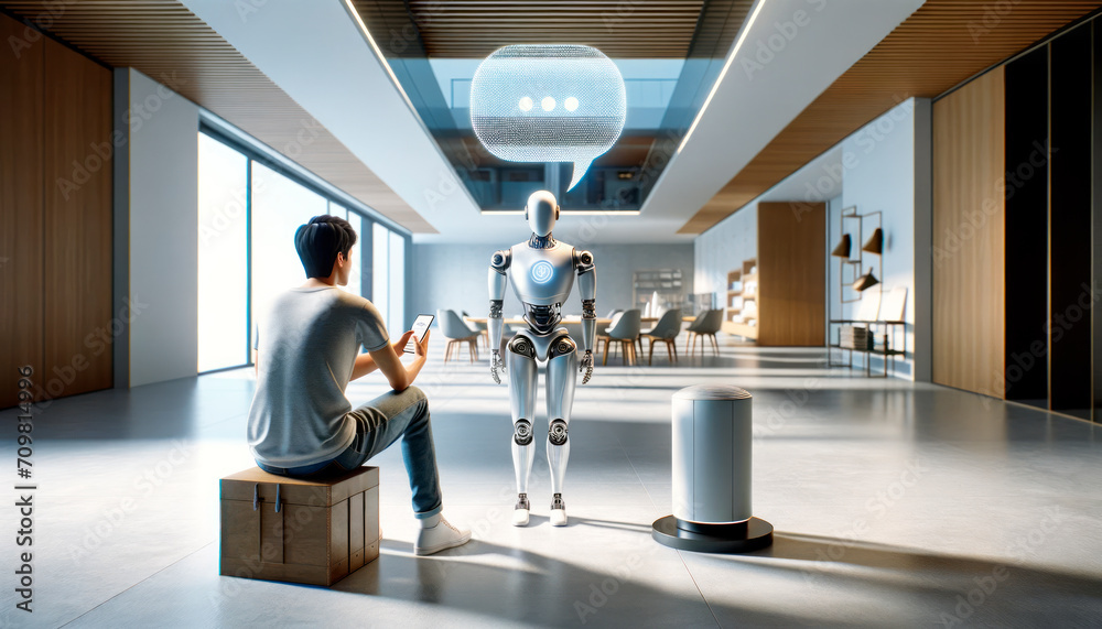 Poster Casual person using smartphone to communicate with a robot in a modern lobby. Smart living concept. Generative AI